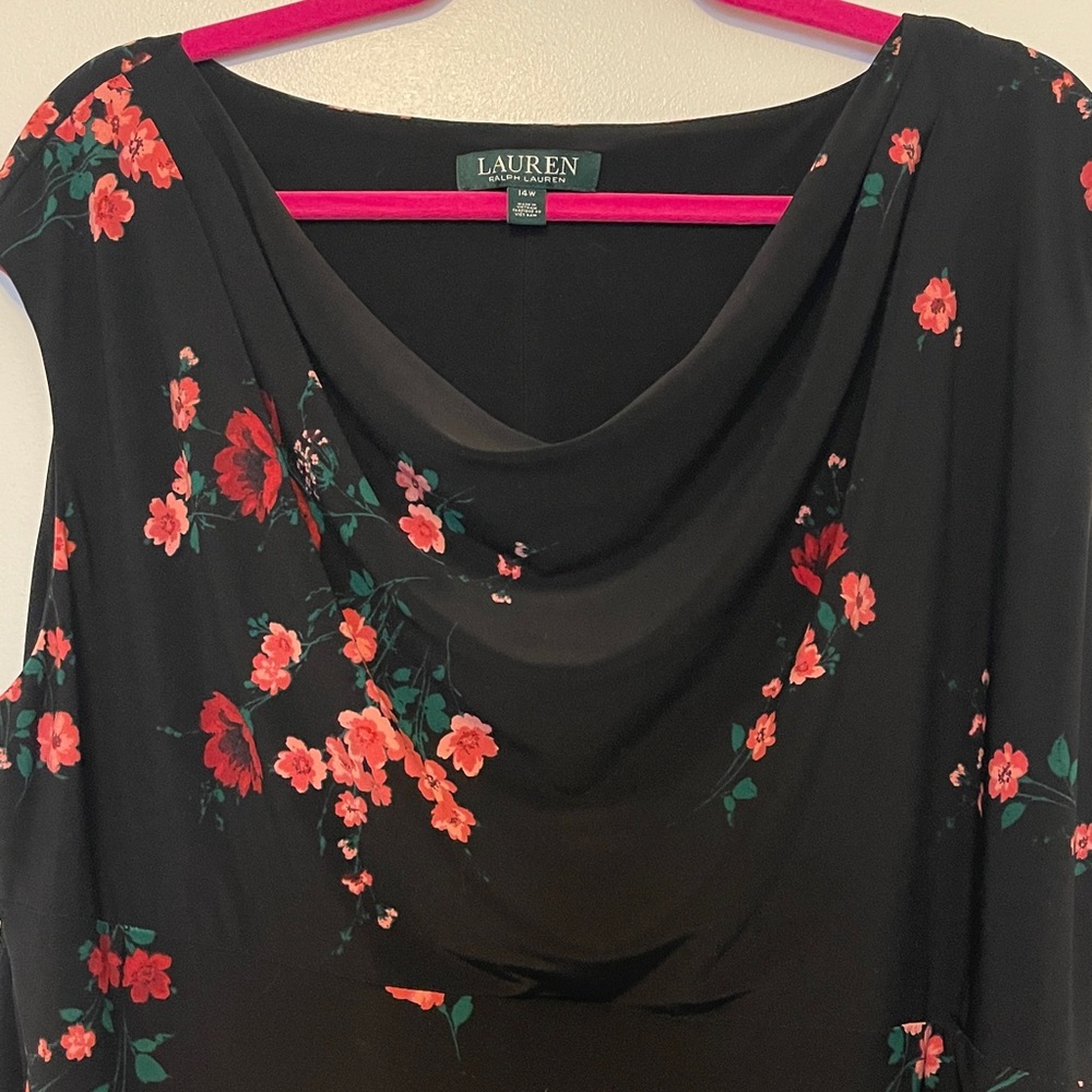 Ralph Lauren Black Dress with elegant ruffle and Pink Accent flowers